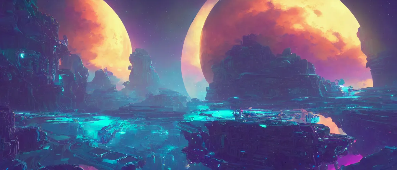 Image similar to antimatter space port on a colorful moon, unreal engine, fantasy art by greg, loish, rhads, ferdinand knab, makoto shinkai, lois van baarle, ilya kuvshinov, rossdraws, tom bagshaw, global illumination, radiant light, highly detailed intricate environment, isometric, onstudio ghibli, octane render, 8 k