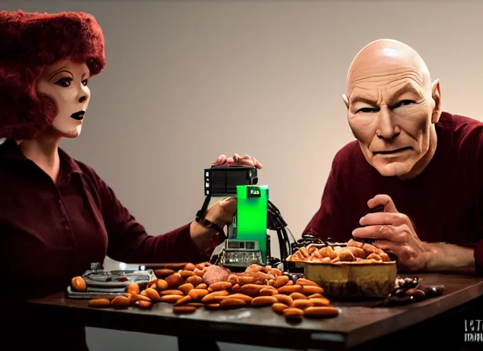 Image similar to a scene from a 2 0 2 0 s halloween kills, patrick stewart is eating from a can of beans, vhs distortion, cathode ray tube distortion, folk horror, hauntology, 8 k, 8 5 mm f 1. 8, studio lighting, rim light, right side key light