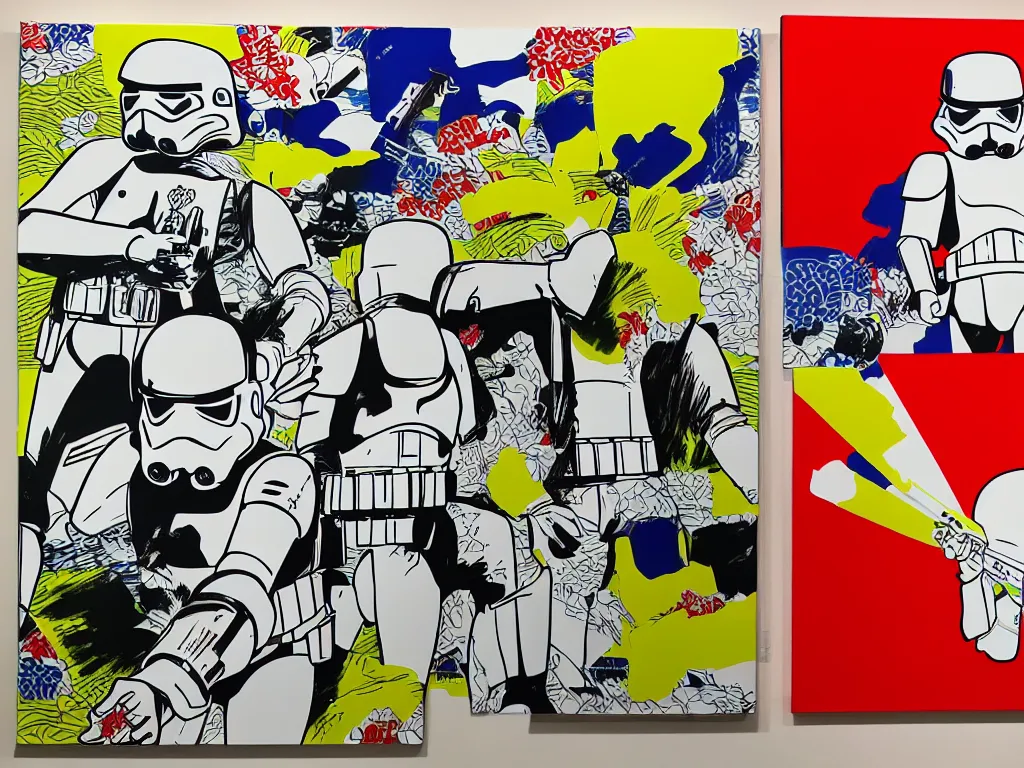 Image similar to hyperrealism composition of the japanese home with a garden, detailed stormtrooper in hot springs, pop - art style, jacky tsai style, andy warhol style, roy lichtenstein style, acrylic on canvas