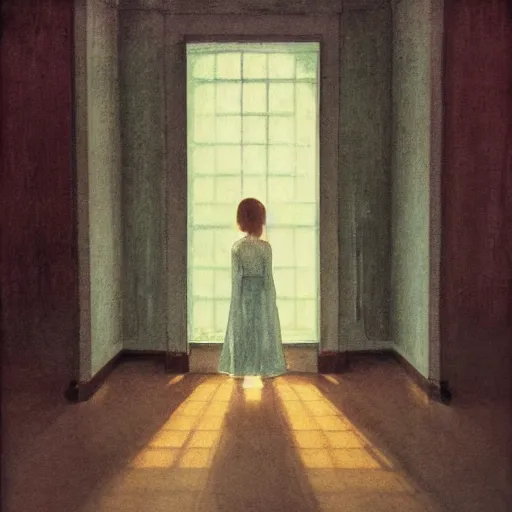 Prompt: close up of a girl in a haunted liminal abandoned room, watercolor by victo ngai, by hammershøi, art noveau, highly detailed, lights by edward hopper, liminal, eerie, bright pastel colors