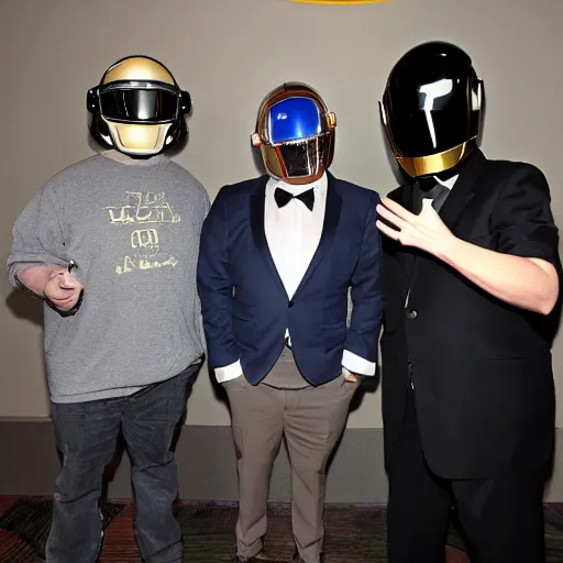 Image similar to Jonah Hill X Daft Punk. They are at the Hilton Garden Inn lobby. Hotel lobby. Weird robotman daft punk. Man with helmet. Jonah hill famous actor. Meeting. Hilton. 4k photography