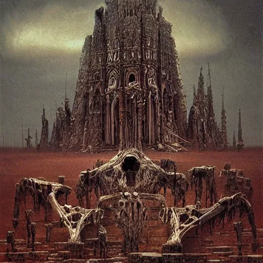 Image similar to cathedral made of bones, dragons fighting in the air, hellscape by beksinski