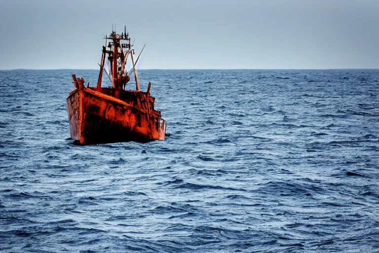 Prompt: high quality photo of old rusty ship in the middle of ocean