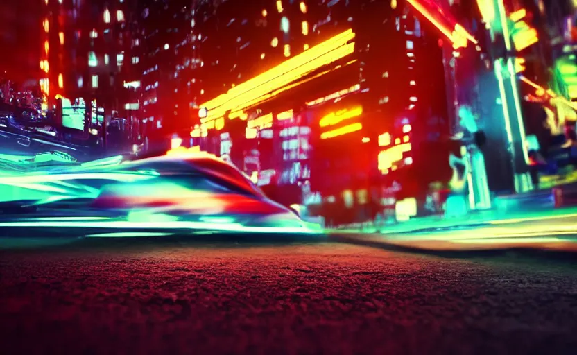 Prompt: macro view of a giant of 1 km of hight walking on the small city, tron, close up bokeh hiperrealistic neon glow darkness dramatic neon f - zero ships, sharp focus, octane render, imax