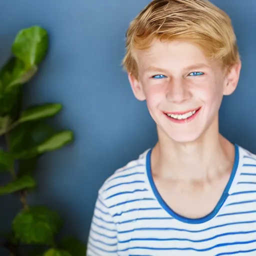 Image similar to a beautiful 1 1 yo boy from florida, blond, joyfully smiling at the camera, blue eyes. healthy