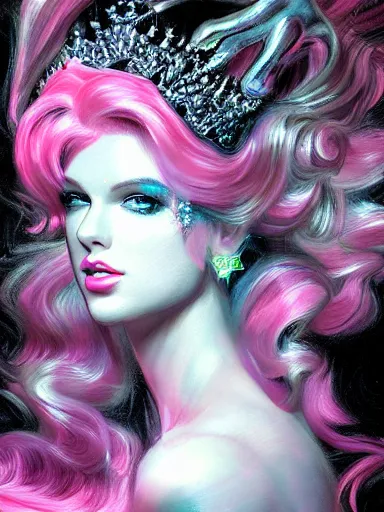 Prompt: pink portrait of beautiful female angel queen Taylor Swift head wearing shiny pink crown, subtle purple accents, hyper details, black metal rococo, sculpted by Alex Alice, Craig Mullins, yoji shinkawa, trending on artstation, beautifully lit, Peter mohrbacher, hyper detailed, insane details, intricate, elite, elegant, luxury, ray of light through smoke, CGsociety, hypermaximalist, blackpink, golden ratio, volumetric, octane render, weta digital, micro details, 3d sculpture