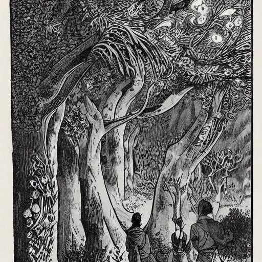 Prompt: 19th century wood-engraving , whole page illustration , art in the style of Terry Moore, a tiny village carved into the side of a tree, inhabited by elves and faeries, the outside lights are bioluminescent mushrooms and fungi intricately detailed