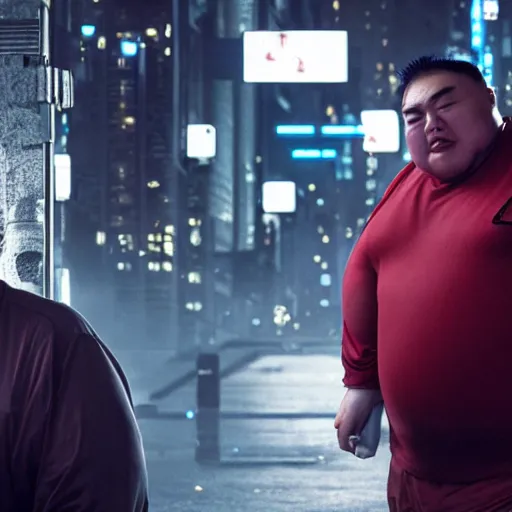 Image similar to very fat very obese half-chinese half-caucasian crime boss, scifi cyberpunk, movie still