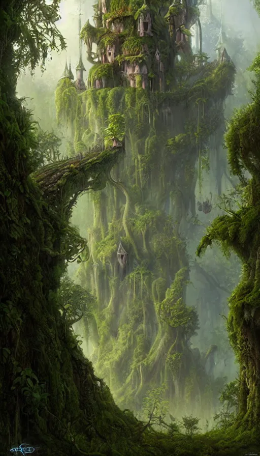 Image similar to fairy palace, castle towers, gnarly trees, lush vegetation, forest landscape, painted by tom bagshaw, raphael lacoste, eddie mendoza, alex ross concept art matte painting