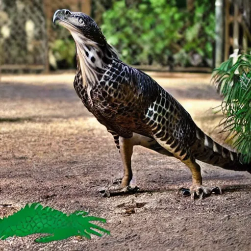 Image similar to hawk and crocodile mutant hybrid, bipedal, realistic picture taken in zoo