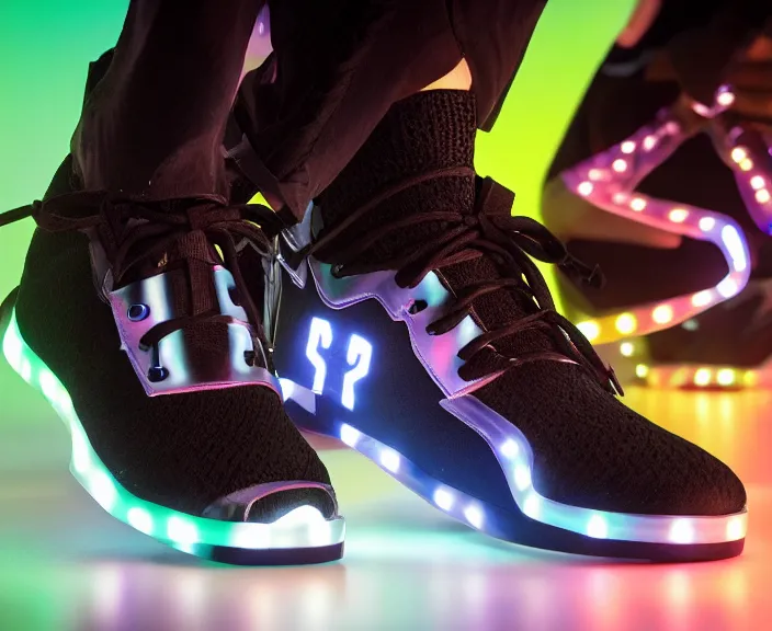 Image similar to generative design sneakers with led skin in the style of cyberdog, product shot, dynamic neon lighting