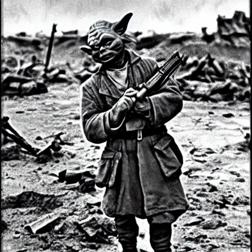 Image similar to Yoda as a Russian soldier in WW2, Battle of Stalingrad 1943, 4K, 30mm film stock, high detail, historical