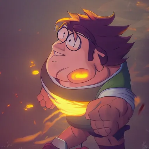 Image similar to peter griffin going super sayain, au naturel, hyper detailed, digital art, trending in artstation, cinematic lighting, studio quality, smooth render, unreal engine 5 rendered, octane rendered, art style by klimt and nixeu and ian sprigger and wlop and krenz cushart