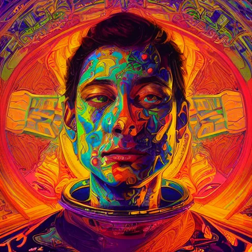 Image similar to An extremely psychedelic experience, colorful, surreal, dramatic lighting, cosmonaut, LSD, face, detailed, intricate, elegant, highly detailed, digital painting, artstation, concept art, smooth, sharp focus, illustration, art by Sam Spratt, Dan Mumford, Artem Demura and Alphonse Mucha