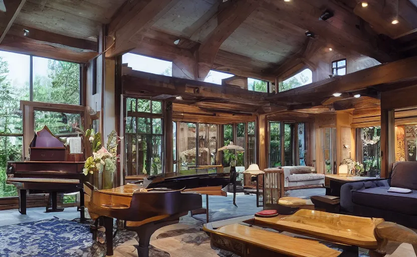 Prompt: luxurious wooden cottage, modern Japanese living room, Japanese flower arrangements, grand piano, fireplace, coherent composition, architecturally accurate, real estate photography