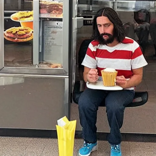 Prompt: Jesus on his lunch break at McDonald’s