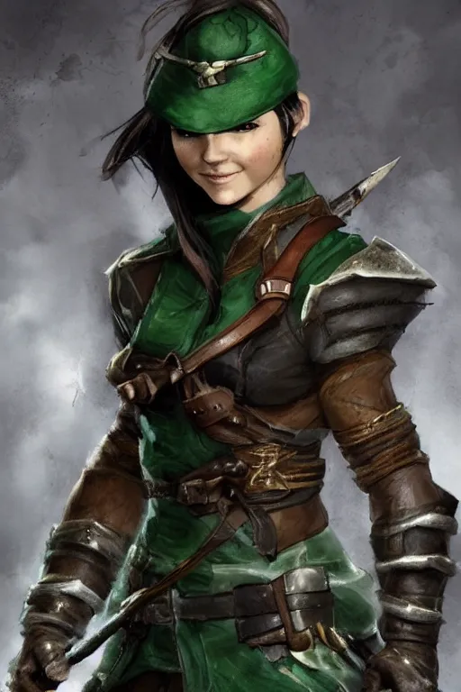 Prompt: fantasy character photo. female ranger. danielle campbell. manic grin, yandere. tall, lanky, athletic, wiry. brown & dark forestgreen leather armor. small tilted lightgreen feathered cap worn at jaunty angle. black hair in ponytail. bright blue eyes. consulting in secret with an unseen, shadowy informant