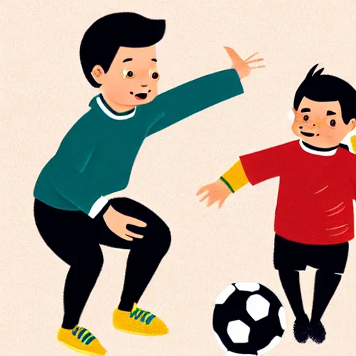 Image similar to illustration of french boy playing football with a corgi who is wearing a polka dot scarf