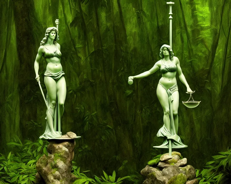 Prompt: lady justice statue in a rainforest clearing by raphael, hopper, and rene magritte. detailed, romantic, enchanting, trending on artstation.