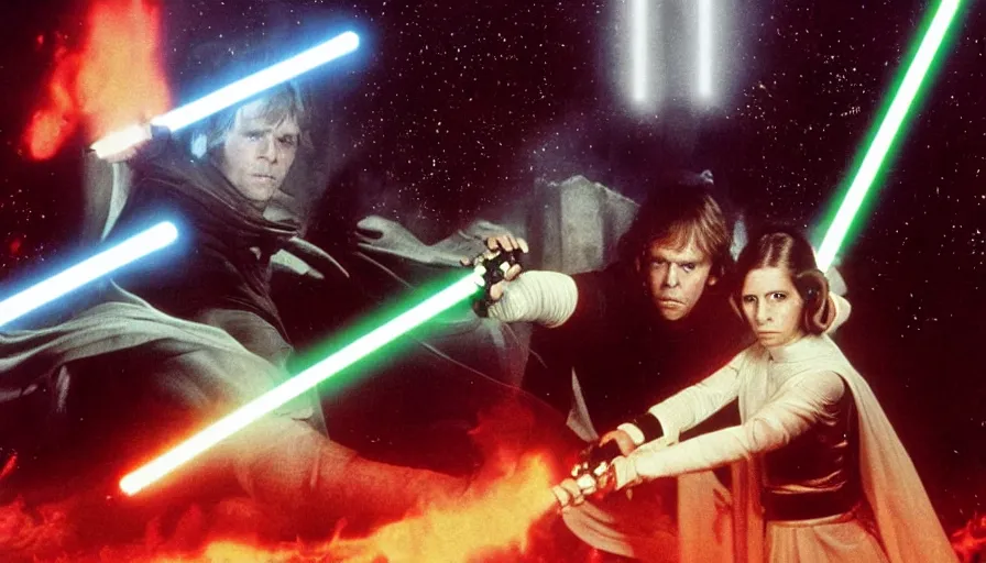 Image similar to screenshot portrait of Luke Skywalker and Princess Leia, with the lightsabers ignited, facing off against an incredibly haunting female sith lord in white, on a planet of maelstrom, chaos, the world of darkness, 1970s thriller film by Stanley Kubrick, iconic scene, HR Geiger design, stunning cinematography, hyper-detailed, sharp, anamorphic lenses, kodak color stock, 4k, stunning