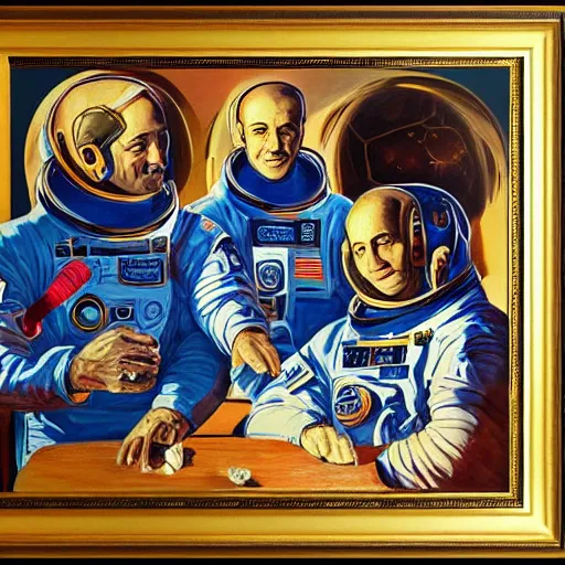 Image similar to set of painting, art noveau, astronauts, with a golden frame