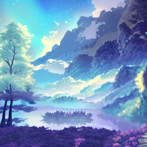 Image similar to mystical scenery , by Sakimori, digital art, pixiv scenery art