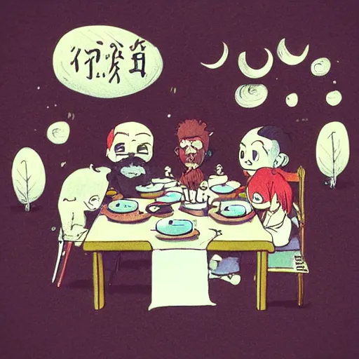 Image similar to tiny imaginary creatures having a tea party inside a human's beard. anime. in a style of hayao miyazaki.