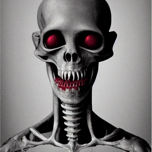 Image similar to humanoid with crooked teeth, two shallow black eyes, long open black mouth, alien looking, big forehead, horrifying, killer, creepy, photo turning slightly yellow, long open black mouth, dead, looking straight into camera, realistic, slightly red, long neck, boney, monster, tall, skinny, skullish, deathly, in the style of alfred kubin