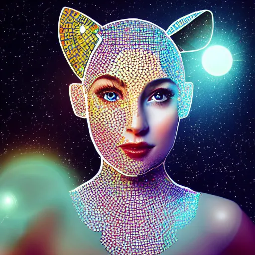 Image similar to mosaic portrait of a beautiful cute young girl with robot ears, 4k, intricate details, digital, sun in the background