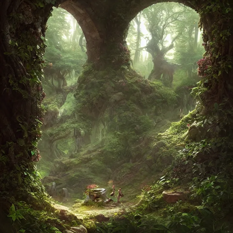 Image similar to Fantasy Magical fairy-tale stone portal in the forest. Round stone portal teleport in trees to other worlds. Fantastic landscape. Magic Altar in the fores, highly detailed, digital painting, artstation, concept art, smooth, sharp focus, illustration, art by greg rutkowski and alphonse mucha