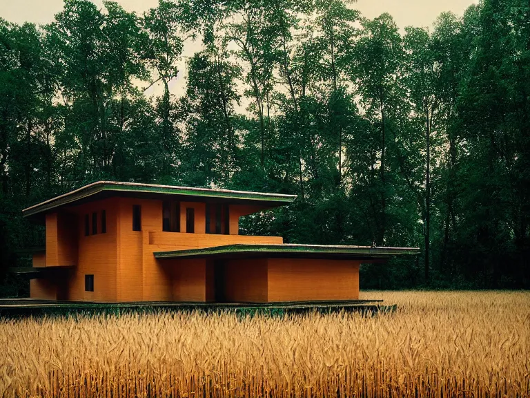 Image similar to hyperrealism design by frank lloyd wright and kenzo tange photography of beautiful detailed small house with many details around the forest in small detailed ukrainian village depicted by taras shevchenko and wes anderson and caravaggio, wheat field behind the house, volumetric natural light