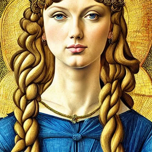 Prompt: taylor swift as the goddess of spring, elegant portrait by sandro botticelli, detailed, symmetrical, intricate