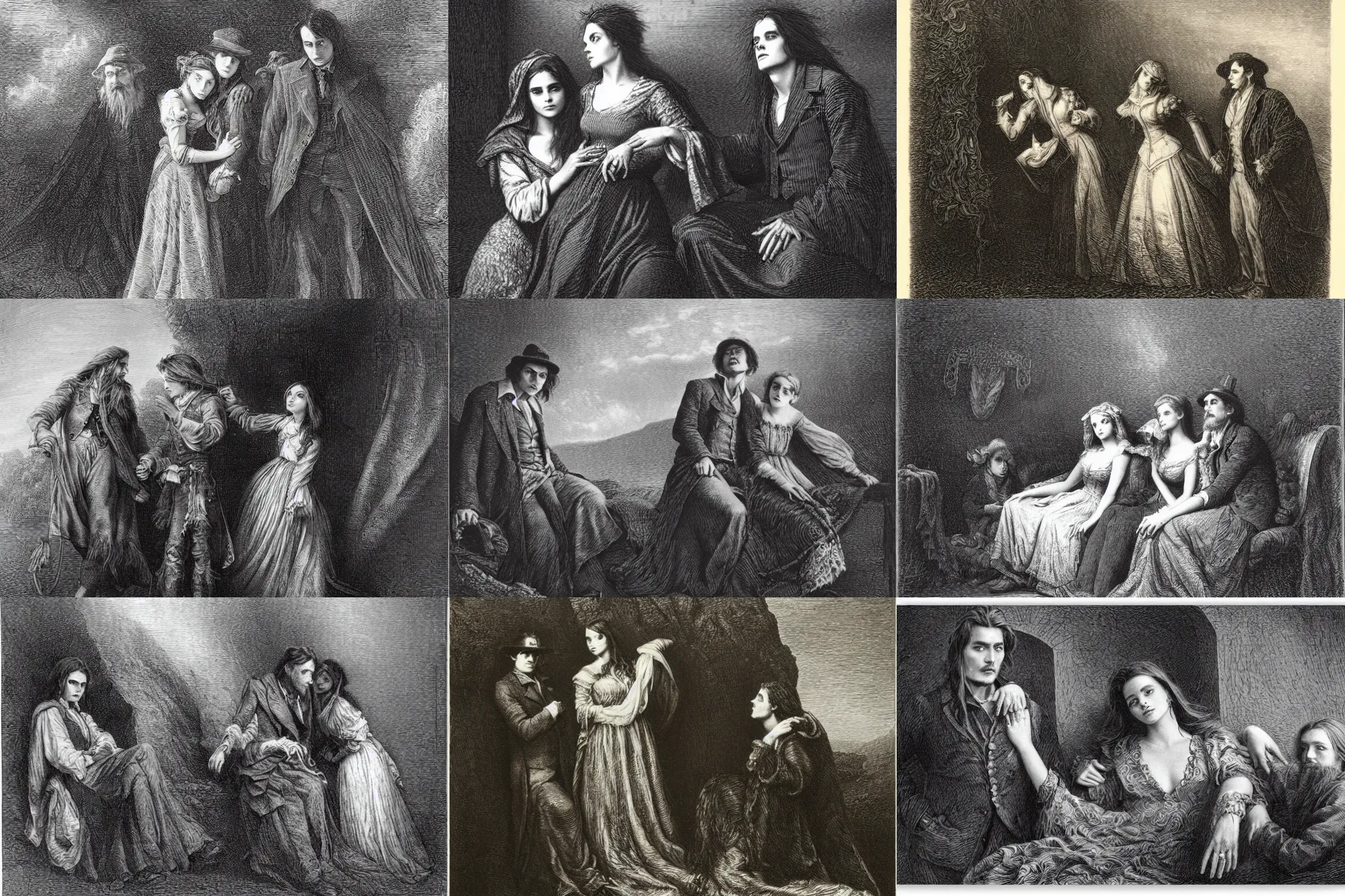 Prompt: Johnny Depp and Emma Watson as Josef and Mary, engraving by Gustave Doré