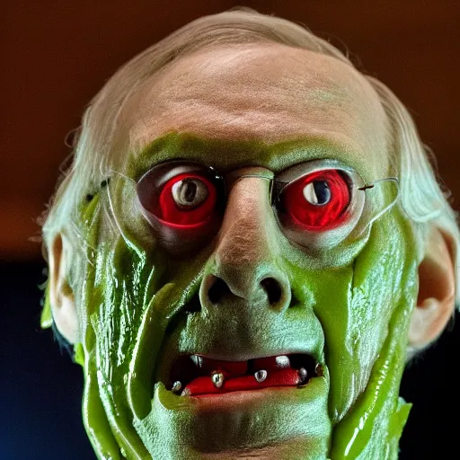 Prompt: the melting slimy face of villain mitch mcconnell horror flesh monster. horror film production photograph.