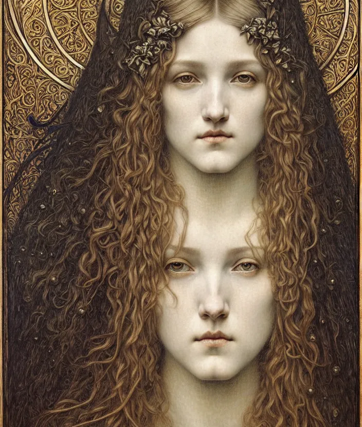 Image similar to detailed realistic beautiful young medieval queen face portrait by jean delville, gustave dore and marco mazzoni, art nouveau, symbolist, visionary, gothic, pre - raphaelite. horizontal symmetry