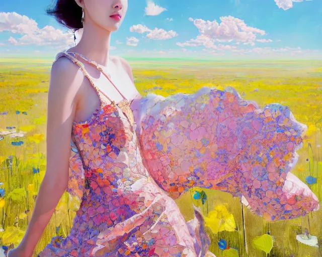 Image similar to lee jin - eun in elegant chic multiversal dress emerging from gold gold by martine johanna, michael garmash and katsuhiro otomo, rule of thirds, seductive look, beautiful, cotton candy clouds, puyallup berteronian, himalayan poppy flowers, gorgeous, face anatomy, refined, masterpiece