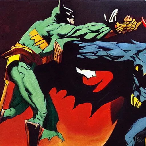 Image similar to a biblical duel between Batman and Satan, oil painting, 8k, Frank Miller