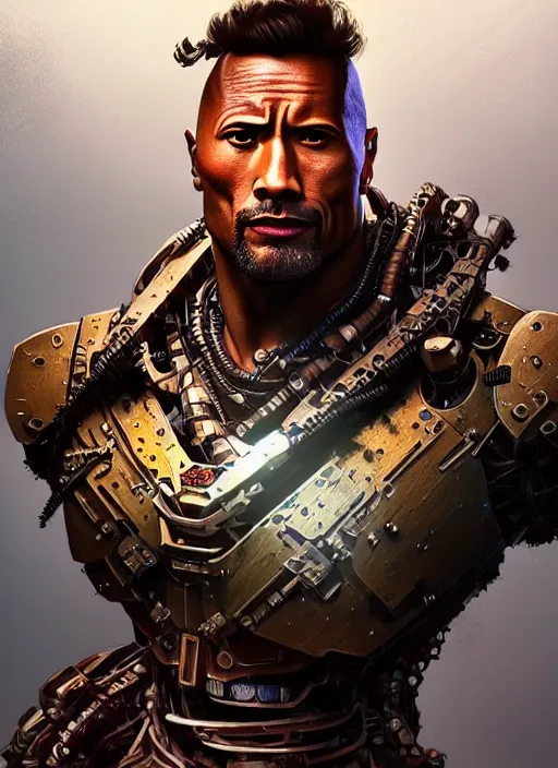 Prompt: portrait of dwayne johnson, robot steampunk, floral! horizon zero dawn machine, intricate, elegant, highly detailed, ray tracing, digital painting, artstation, concept art, smooth, sharp focus, illustration, art by artgerm and greg rutkowski and alphonse mucha, 8 k