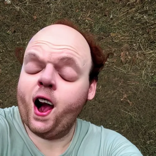 Image similar to a guy with a heavily receding hairline and curly reddish brown hair with multiple chins receding his head into his multiple chins while making a stupid funny meme face selfie