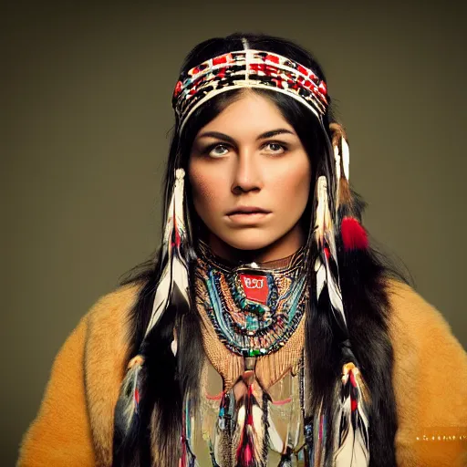 Prompt: a beautiful portrait of a native american woman with ornate clothing and beautiful fully rendered pretty face, dusk, cinematic, high resolution