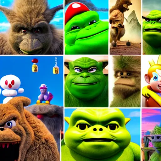 Image similar to super mario godzilla yoda donkey kong pikachu yeti shrek spongebob homer groot, highly detailed, extremely high quality, hd, 4 k, 8 k, professional photographer, 4 0 mp, lifelike, top - rated, award winning, realistic, detailed lighting, detailed shadows, sharp, no blur, edited, corrected, trending