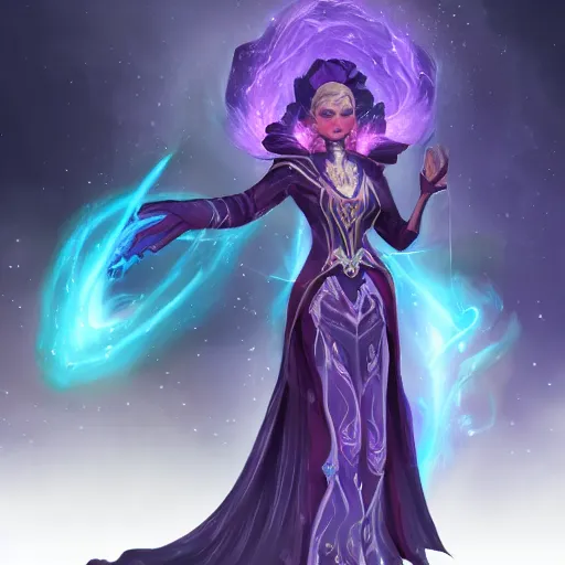 Prompt: character concept art of an astromancer wearing a beautiful cascading nebula gown