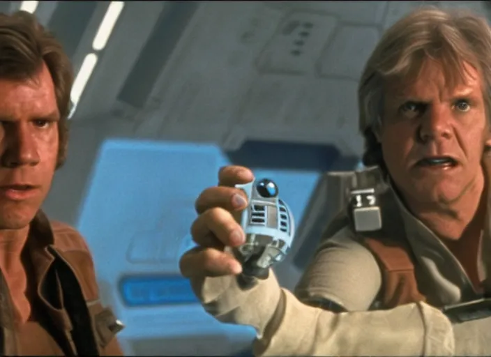 Prompt: screenshot from the lost star wars film, the lost jedi, scene of Han Solo on the millenium falcon, he's talking to a small blue hologram of Luke Skywalker, iconic scene from the 1980s sci fi thriller directed by Stanely Kubrick film, color kodak stock, anamorphic lenses, detailed faces, moody cinematography