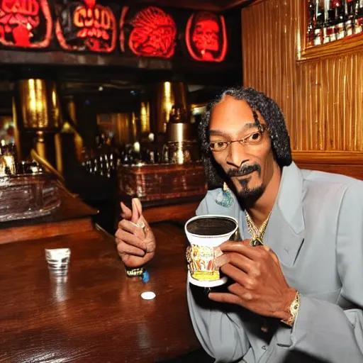 Image similar to snoop dogg at trader vic's bar holding a tiki mug with his face on it