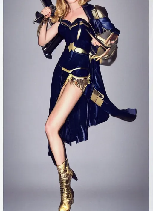 Image similar to full length photo of a gorgeous Gillian Anderson dressed as wonder woman by Mario Testino, detailed, head shot, award winning, Sony a7R