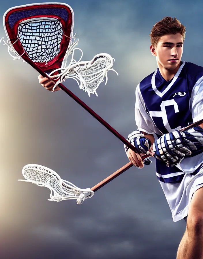 Image similar to closeup portrait of very beautiful cute male lacrosse player in a penn state stadium, glamour pose, particle effects, backlit, highly detailed, soft ambient lighting, sharp focus, rule of thirds, artgerm, wlop, arney freytag, rossdraws, frank frazetta, andrei riabovitchev, hd, octane, 4 k