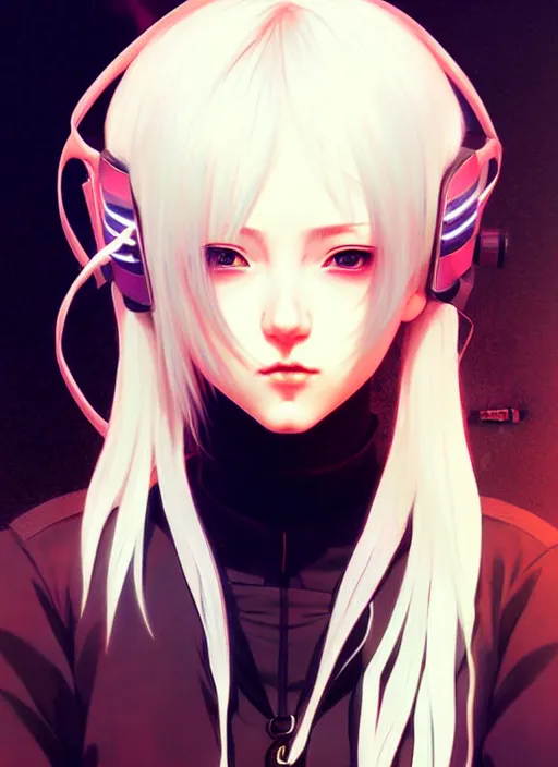 Image similar to portrait Anime girl cyberpunk, cute-fine-face, white-hair pretty face, realistic shaded Perfect face, fine details. Anime, cyberpunk. realistic shaded lighting by Ilya Kuvshinov and Gustav Klimt