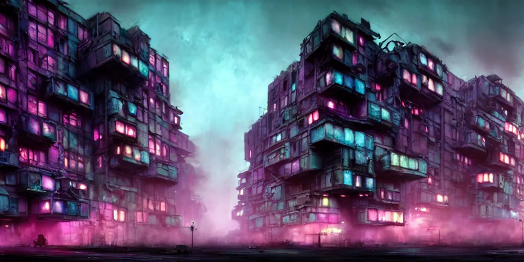 Image similar to concept art, octane render, a brooding, decrepit dystopian city, reflections, volumetric neon lighting, dramatic, cyan magenta white neon glow, 8 k, ultra - hd, insanely detailed and intricate, hypermaximalist, brutalist habitat 6 7, elegant, ornate, by gerald brom, by syd mead, akihiko yoshida, doug chiang, cinematic