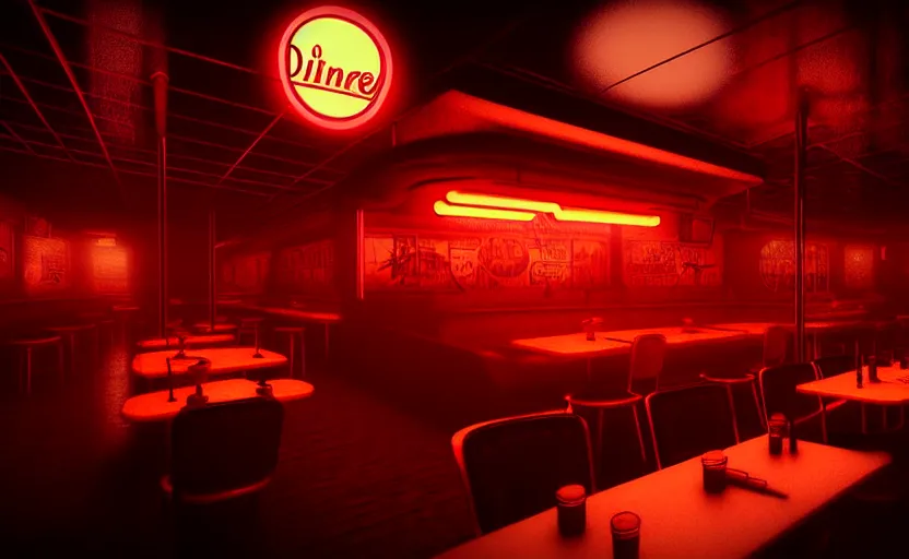 Image similar to diner, horror scene, dim neon lighting, beautiful volumetric-lighting-style atmosphere, eerie atmosphere, intricate, detailed, photorealistic imagery, artstation