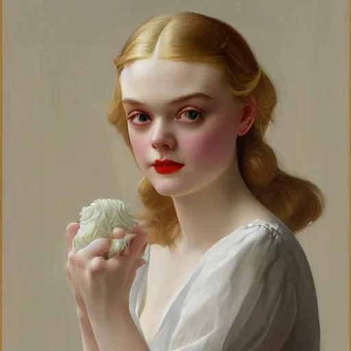 Image similar to Painting of Elle Fanning as a ghost, long blonde hair, delicate, pale milky white porcelain skin, by Leyendecker and Norman Rockwell